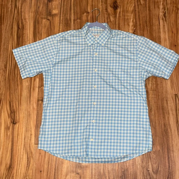 Peter Millar mens shirt large collar button down blue check short sleeve stretch - Picture 1 of 8